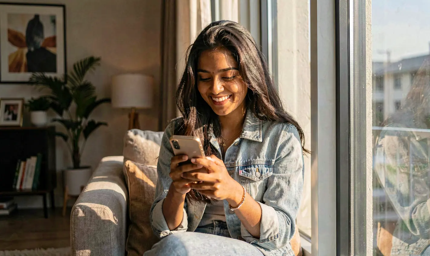 BD588 App – Enjoy seamless and comfortable mobile casino gaming in Bangladesh Relaxed Bangladeshi woman enjoying the BD588 casino app on her phone while sitting by a bright window with natural sunlight