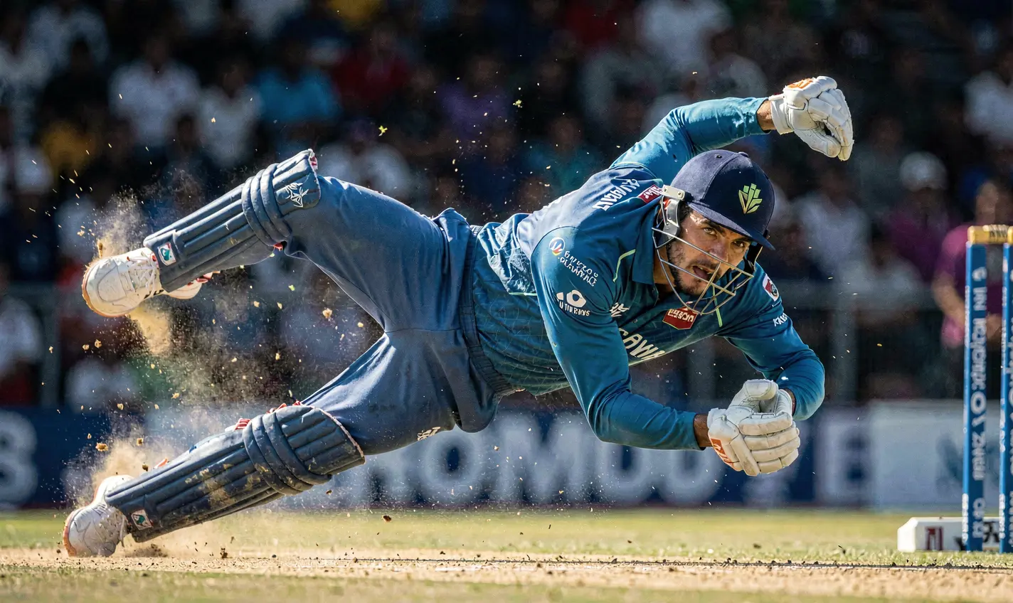 BD588 Bet – Experience thrilling cricket betting moments in Bangladesh Dramatic slow motion of a cricket batsman diving to make a run in a high pressure match moment showcasing thrilling cricket betting with BD588
