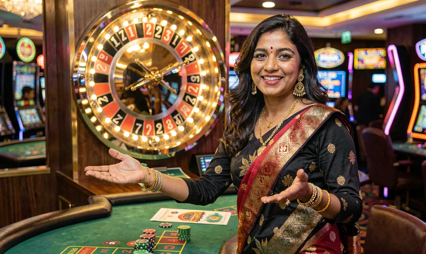 BD588 – Experience premium casino entertainment made for Bangladesh players Elegant casino hostess inviting players to enjoy premium gaming entertainment at BD588 with vibrant roulette lights in the background