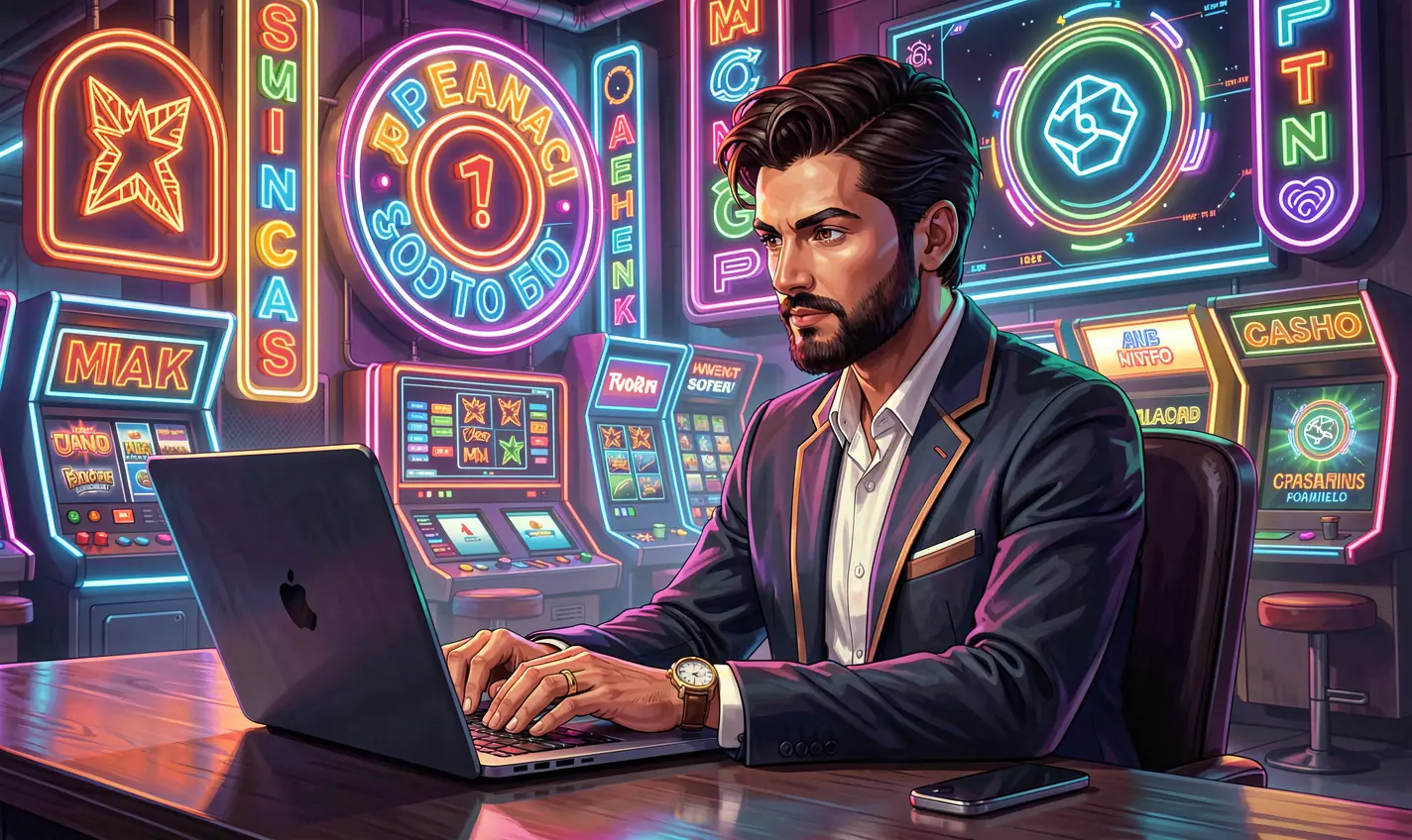 Confident casino enthusiast working on a laptop surrounded by vibrant neon casino signs and digital game symbols highlighting the modern BD588 gaming environment for Bangladesh