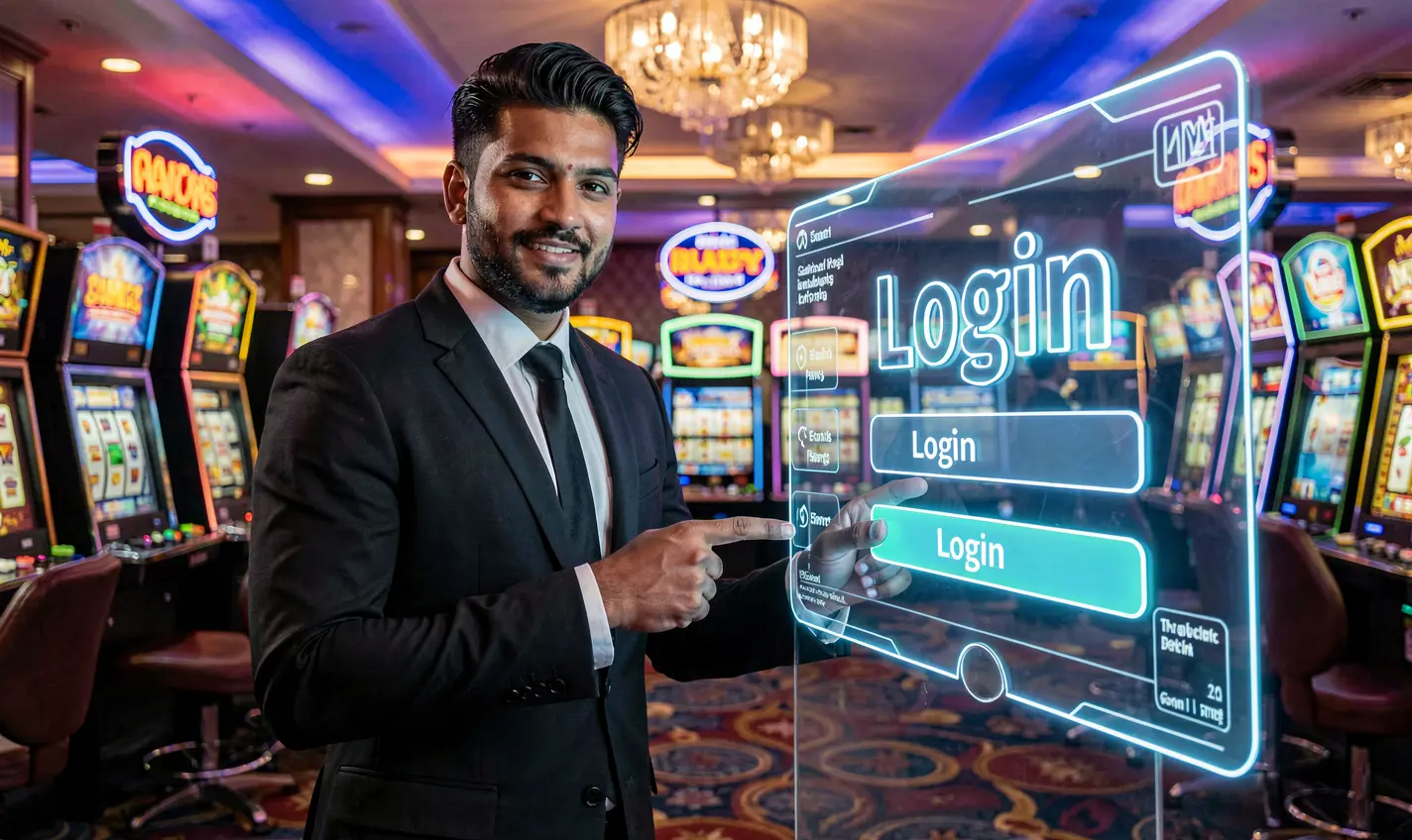 Elegant Bangladeshi casino dealer pointing at a glowing login sign inside a luxury gaming environment representing secure access to BD588